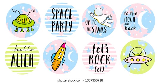 Set of 8 Round Shape Space Party Vector Graphics for Cake Topper, Sticker, Tag, Card, Pirinting. Alien Spacecraft, Rocket,Astronaut, Moon and Stars. Cute Infantile Style Space Party Vector Decoration.