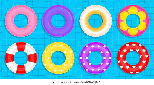 Set of 8 round swimming rings with minimal and fun patterns. Includes plain, transparent, heart, star, dot, and flower designs.