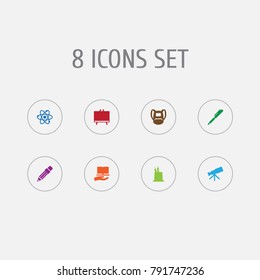 Set Of 8 School Icons Set.Collection Of Telescope, Pencil, Molecule And Other Elements.