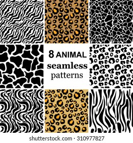 Conjunto de 8 padrões de animais sem costura. Zebra, leopardo, girafa. Loja de fundos e texturas.