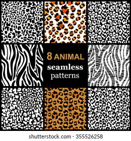 Set of 8 seamless animal patterns. Safari textile collection. Zebra, leopard, reptile, cow. Backgrounds & textures shop.