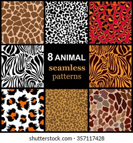 Set of 8 seamless animal patterns. Safari textile collection. Giraffe, zebra, leopard, jaguar, reptile, cow. Backgrounds & textures shop.