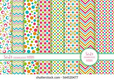 Set of 8 seamless background. Geometric ornament. Summer pattern with flowers, circles, squares, stripes and chevrons. Use for wallpaper, printing on the packaging paper, textiles.