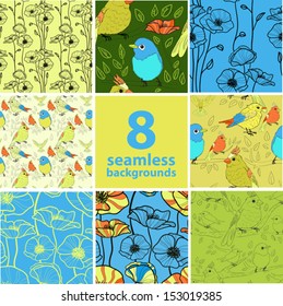 set of 8 seamless backgrounds with birds