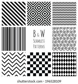 Set of 8 Seamless Black and White Geometric Background Patterns. Pattern Swatches are Available.