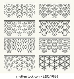 Set of 8 seamless borders, black line patterns. Tribal ethnic arabic, indian, turkish decorative ornaments, fashion lace collection. Isolated frame border element for headline, banner, invitation card