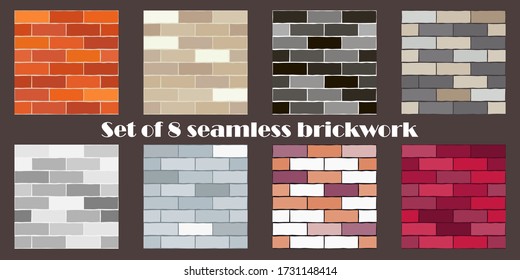 Set of 8 seamless brickwork. Means for the device of masonry walls and floors. Vector illustration for web design or print.