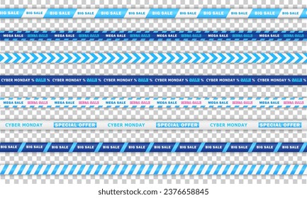 Conjunto de 8 cintas realistas azul ciano y blanco impecables para la gran venta del Lunes Cibernético. Interminables cintas de barricada para el comercio minorista, bandas de descuento para compras en línea con fondo transparente
