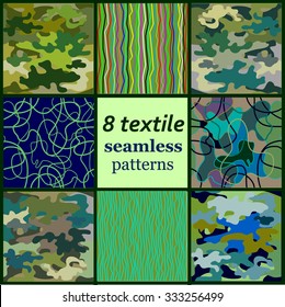 Set of 8 seamless camouflage and linear patterns. Military textile collection. Backgrounds & textures shop.