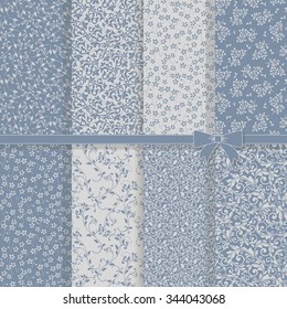 set of 8 seamless floral patterns in blue and grey