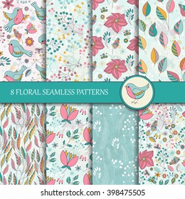 Set of 8 seamless floral patterns. Vector illustration with flowers and birds. Perfect for greetings, invitations, manufacture wrapping paper, textile, web design.