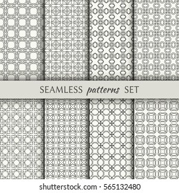 Set of 8 seamless geometric line patterns. Endless linear trendy graphic texture for wallpaper, packaging, pattern fill, invitation, card, banner, flyer, fabric . Black and white seamless backgrounds