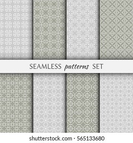 Set of 8 seamless geometric line patterns. Endless linear trendy graphic texture for wallpaper, packaging, pattern fill, invitation, card, banner, flyer, fabric . Gray and white seamless backgrounds