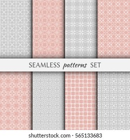 Set of 8 seamless geometric line patterns. Endless linear trendy graphic texture for wallpaper, packaging, pattern fill, invitation, card, banner, flyer, fabric . Gray and pink seamless backgrounds