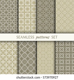 Set of 8 seamless geometric line patterns. Endless linear trendy graphic texture for wallpaper, packaging, pattern fill, invitation, card, banner, flyer, fabric . Golden brown seamless backgrounds