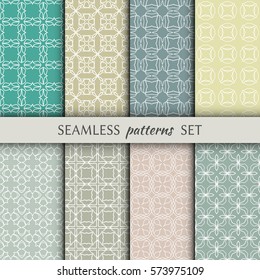 Set of 8 seamless geometric line patterns. Endless linear trendy graphic texture for wallpaper, packaging, pattern fill, invitation, card, banner, flyer, fabric . Colotful seamless backgrounds