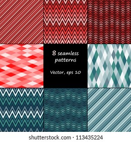 Set of 8 seamless geometric patterns. Zig zag, chevron, argyle, diagonal patterns.