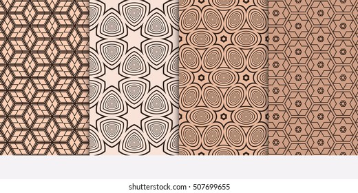 set of 8 seamless geometric patterns. Elements of circles, stars, cube. Vector illustration. For Wallpaper, Texture Fill, promotional materials, textile prints
