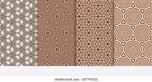 set of 8 seamless geometric patterns. Elements of circles, stars, cube. Vector illustration. For Wallpaper, Texture Fill, promotional materials, textile prints