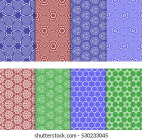 set of 8 seamless geometric patterns. circle, star, cube. Vector illustration. For Wallpaper, Texture Fill, promotional materials, textile prints. red, green, blue color