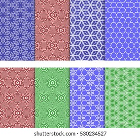 set of 8 seamless geometric patterns. circle, star, cube. Vector illustration. For Wallpaper, Texture Fill, promotional materials, textile prints. red, green, blue color