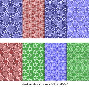 set of 8 seamless geometric patterns. circle, star, cube. Vector illustration. For Wallpaper, Texture Fill, promotional materials, textile prints. red, green, blue color