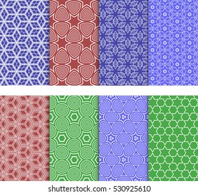 set of 8 seamless geometric patterns. circle, star, cube. Vector illustration. For Wallpaper, Texture Fill, promotional materials, textile prints. red, green, blue color