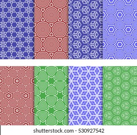 set of 8 seamless geometric patterns. circle, star, cube. Vector illustration. For Wallpaper, Texture Fill, promotional materials, textile prints. red, green, blue color