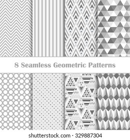 Set of 8 seamless geometric patterns.Monochrome abstract backgrounds. Grey vector ornaments.