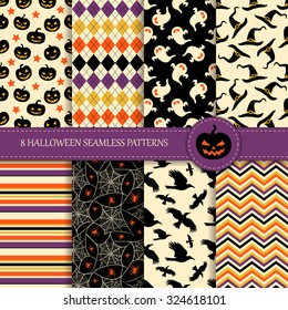 Set of 8 seamless halloween patterns  in the traditional holiday colors. Vector illustration. Perfect for greetings, invitations, manufacture wrapping paper, textile, web design.