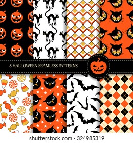 Set of 8 seamless halloween patterns  in the traditional holiday colors. Vector illustration. Perfect for greetings, invitations, manufacture wrapping paper, textile, web design.