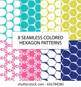 Set of 8 seamless hand-drawn colored patterns with hexagons