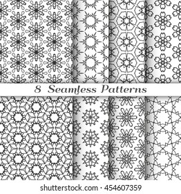 Set of 8 Seamless islamic pattern in arabian style. Stylish graphic monochrome geometric seamless backgrounds collections, line art. Tribal ethnic ornament. Gray and white vector illustration
