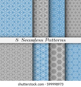 Set of 8 Seamless islamic pattern in arabian style. Stylish graphic monochrome geometric seamless backgrounds collections, line art. Tribal ethnic ornament. Gray and blue vector illustration