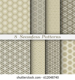 Set of 8 Seamless islamic pattern in arabian style. Stylish graphic monochrome geometric seamless backgrounds collections, line art. Tribal ethnic ornament, golden brown and white vector illustration