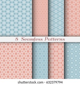 Set of 8 Seamless islamic pattern in arabian style. Stylish graphic blue and pink geometric seamless backgrounds collections, line art. Tribal ethnic ornament, vector illustration