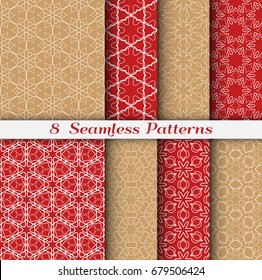 Set of 8 Seamless islamic pattern in arabian style. Stylish graphic colorful geometric seamless backgrounds collections, line art. Tribal ethnic ornament, vector illustration