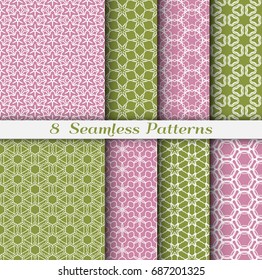 Set of 8 Seamless islamic pattern in arabian style. Stylish graphic monochrome geometric seamless backgrounds collections, line art. Tribal ethnic ornament. Green and purple vector illustration