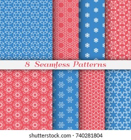Set of 8 Seamless islamic pattern in arabian style. Stylish graphic monochrome geometric seamless backgrounds collections, line art. Tribal ethnic ornament. Blue and red vector illustration