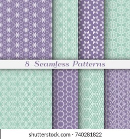 Set of 8 Seamless islamic pattern in arabian style. Stylish graphic monochrome geometric seamless backgrounds collections, line art. Tribal ethnic ornament. Green and purple vector illustration