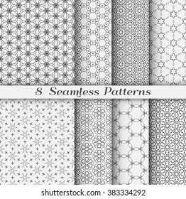 Set of 8 Seamless islamic patterns in arabian style. Stylish graphic monochrome geometric backgrounds collection, line art. Tribal ethnic ornament, vector collection. Gray, black and white