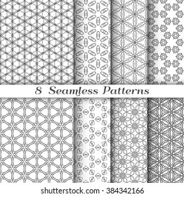 Set of 8 Seamless islamic patterns in arabian style. Stylish graphic monochrome geometric backgrounds collection, line art. Tribal ethnic ornament, vector collection. Gray, black and white
