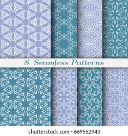 Set of 8 Seamless islamic patterns in arabian style. Stylish graphic colorful geometric seamless backgrounds collections, line art. Tribal ethnic ornament, vector illustration