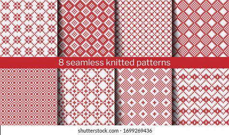 Set of 8 seamless knitted patterns. Geometric ornaments in red and white colors. Christmas textile patterns