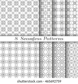 Set of 8 Seamless line patterns in arabic style. Stylish graphic monochrome geometric seamless backgrounds collections, line art. Tribal ethnic ornament. Black and white vector illustration