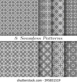 Set of 8 Seamless linear patterns with thin lines. Stylish graphic monochrome geometric backgrounds collection, line art. Tribal ethnic arabic, indian ornament, vector collection. Gray and white