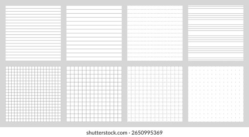 Set of 8 seamless notebook line patterns: narrow, wide, dashed, handwriting lines, small and large grid, dashed grid, dot. Ideal for journals, planners, printables, and school sheets.