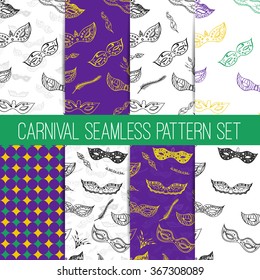 Set of 8 seamless pattern with hand drawn mask silhouette on the white background. Great wallpaper for carnival party invitation or card. Mardi Gras masks.