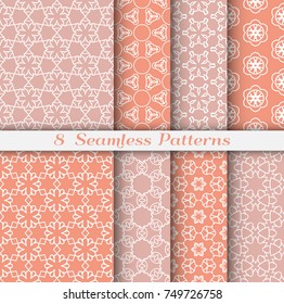 Set of 8 seamless patterns in arabian style. Colorful fashion collection for textile fabric or paper print. Stylized floral geometric ornament. Vector repeating texture for banner, card or invitation