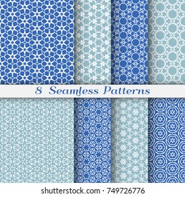 Set of 8 seamless patterns in arabian style. Colorful fashion collection for textile fabric or paper print. Stylized floral geometric ornament. Vector repeating texture for banner, card or invitation